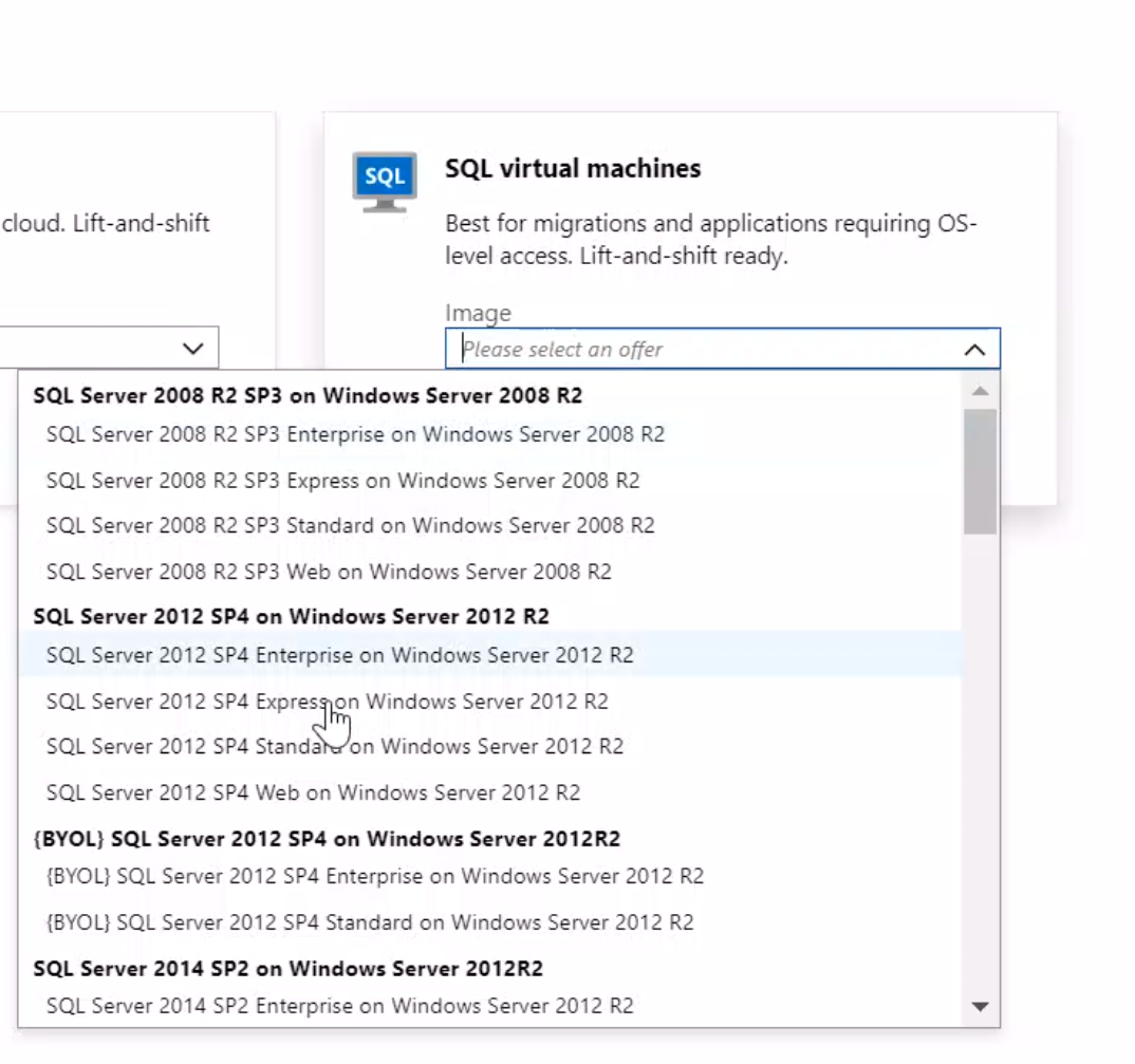 A drop-down box listing all of the available SQL Server VM images