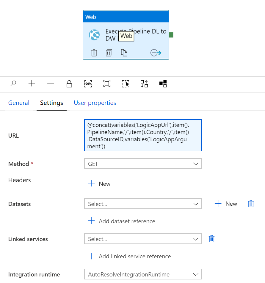 Data Factory Pipeline Web Activity calling a Logic App. An expression populates the url, and a Get m