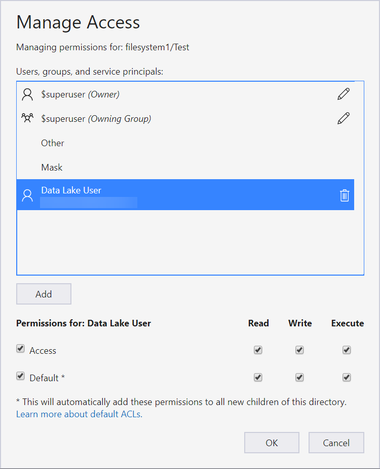 The Manage Access window in Azure Storage Explorer. The user named Data Lake User is selected. Access and Default permissions are set to give the user Read, Write, and Execute. 