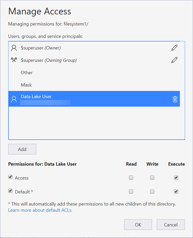 Manage Access window in Azure Storage Explorer showing permissions for Data Lake user on filesystem1. Execute is selected for both Access and Default permissions.