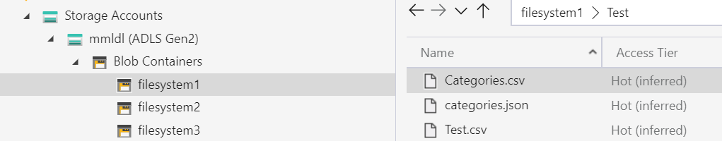 Azure Storage Explorer showing the mmldl storage account with filesystem1 selected. The Test folder in filesystem1 is selected and 3 files are shown. 