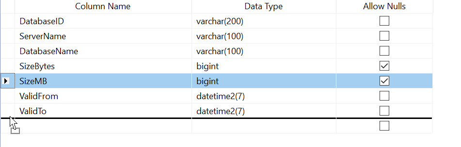 dragging the SizeMB column to the bottom of the columns list in the table.