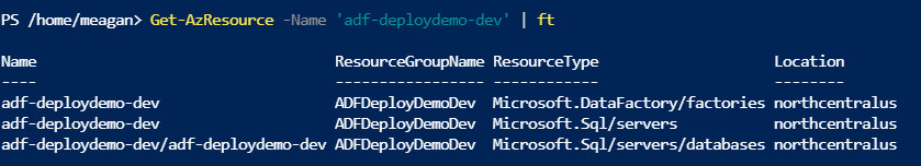 Executing PowerShell command Get-AzResource - Name 'adf-deploydemo-dev' | ft