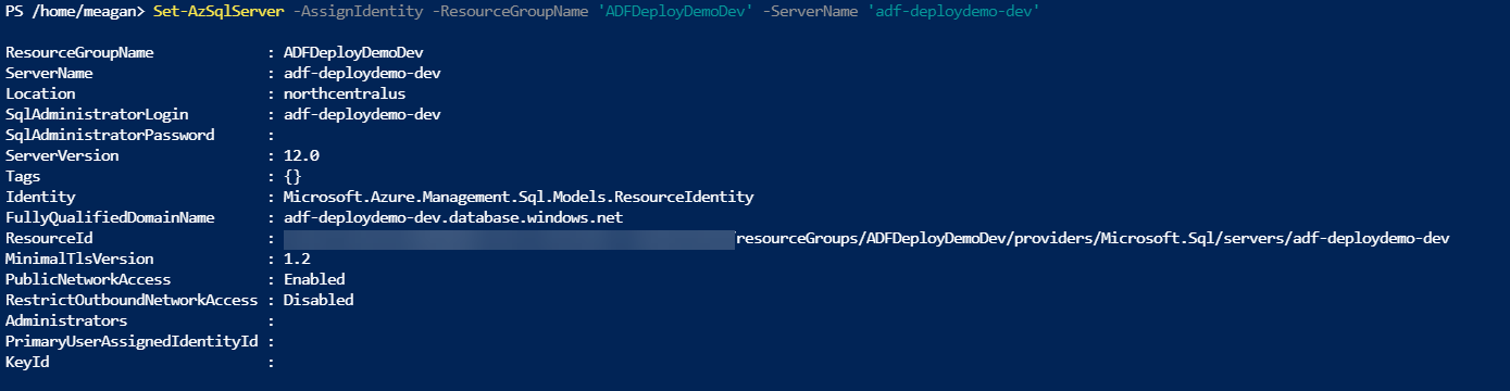 Executing PowerShell command: Set-AzSqlServer -AssignIdentity -ResourceGroupName 'ADFDemployDemoDev' -ServerName 'adf-deploydemo-dev'