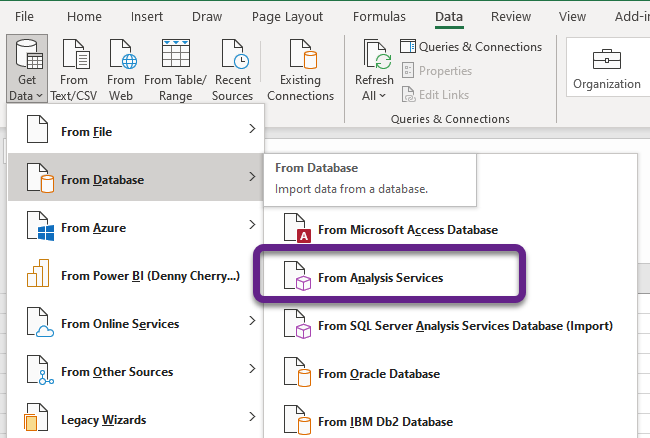 Get Data menu in Excel with the options From Database and From Analysis Services selected. 
