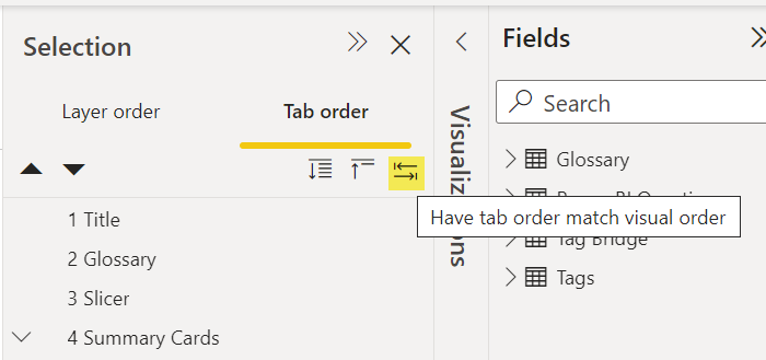 The Selection pane is shown with Tab order selected. The third button has hover text that reads "Have tab order match visual order".