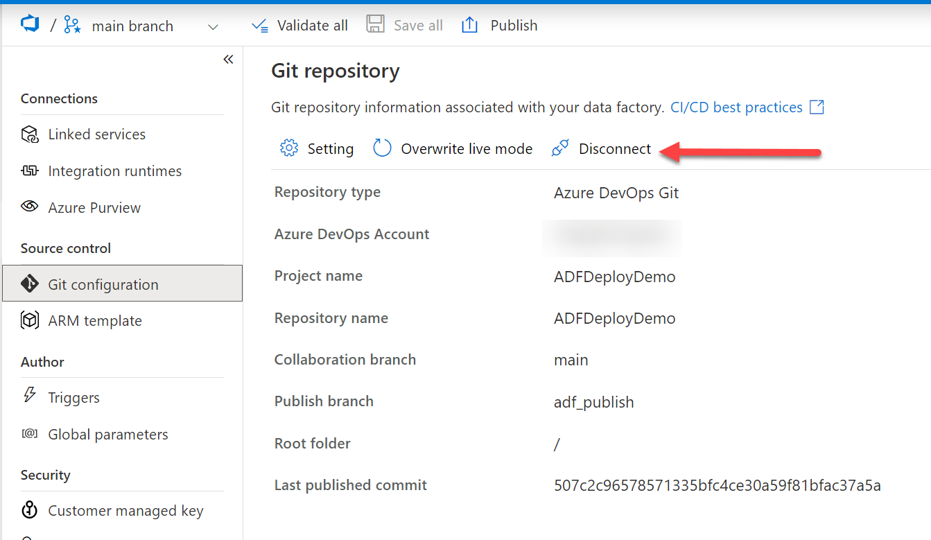 ADF Studio Screenshot of Git Configuration The Git Configuration page in Azure Data Factory Studio shows the connected repository and has a button to disconnect from the repository.