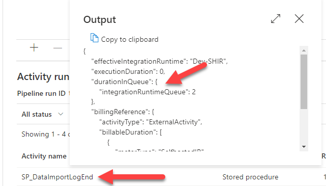 Azure Data Factory pipeline execution details in the ADF monitor. The activity output is open, showing the resulting JSON. There is a property called durationInQueue, which contains the queue time in seconds. The result shown is 2 seconds.