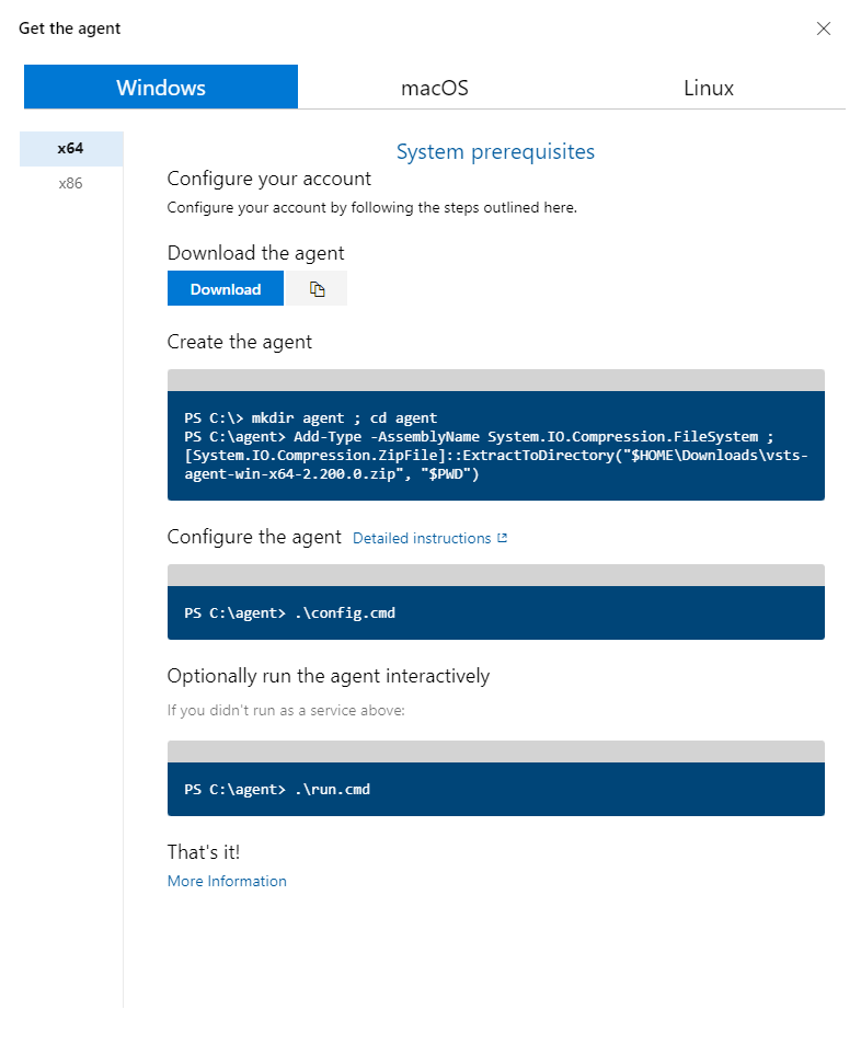 Dialog from Azure DevOps titled "Get the agent". There are options for Windows, macOS, and Linux. There is a button to copy a link to download the agent. Then there is a set of command line scripts to create the agent, and configure the agent. 