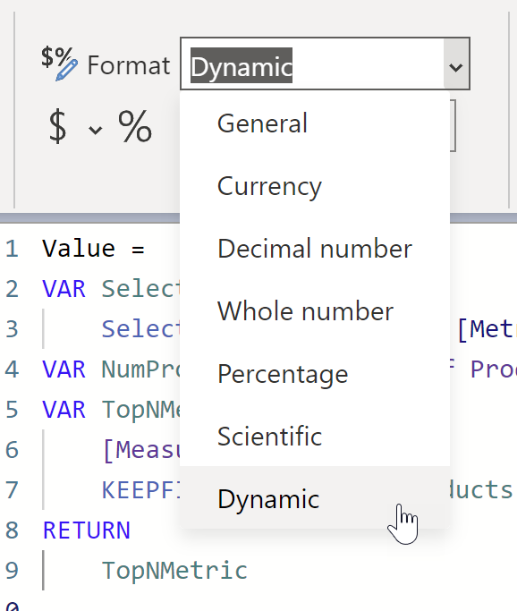 The format selection drop-down now has an option labeled Dynamic at the bottom. 