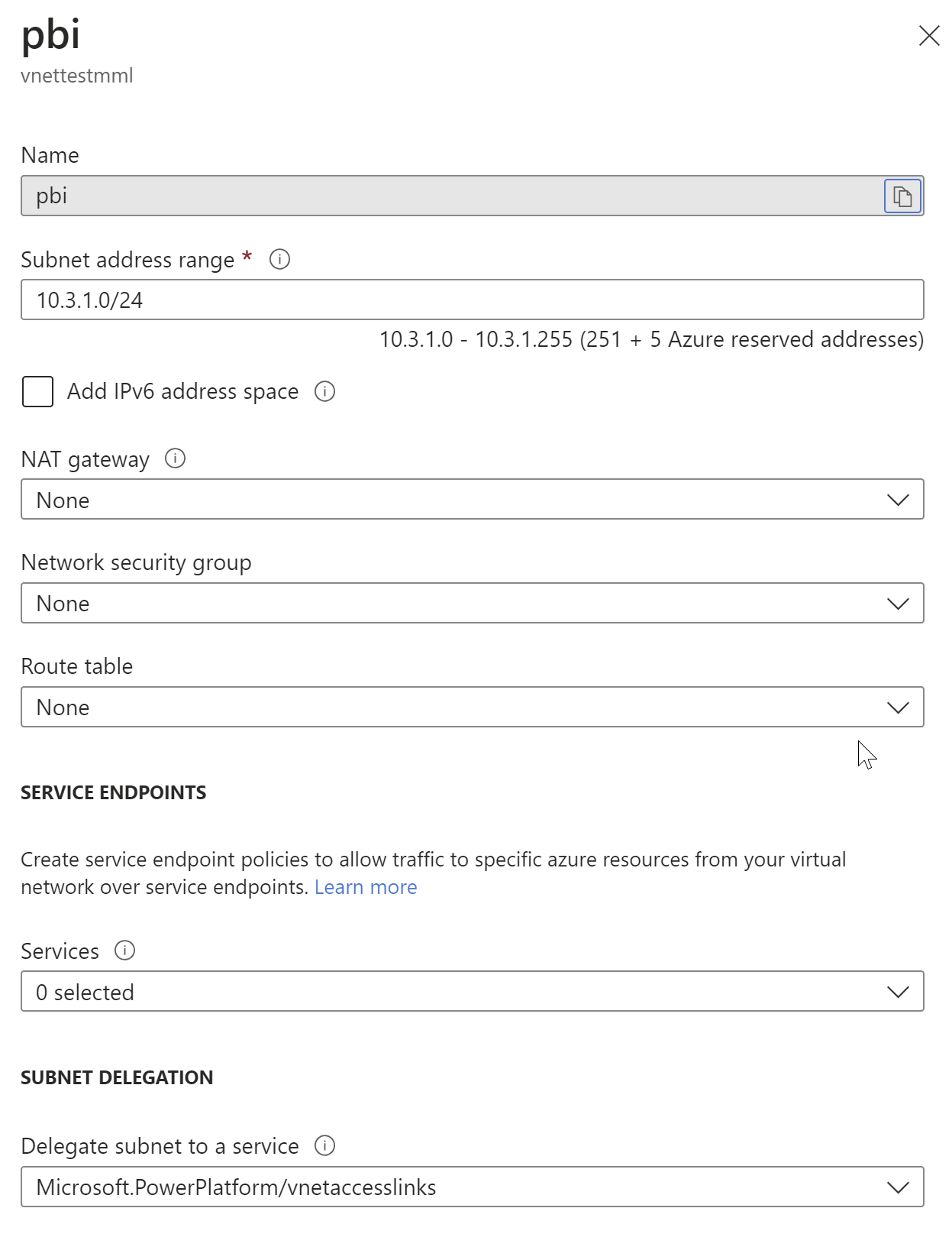 Creating a new subnet on a VNet in Azure. The subnet delegation is set to Microsoft.PowerPlatform/vnetaccesslinks.