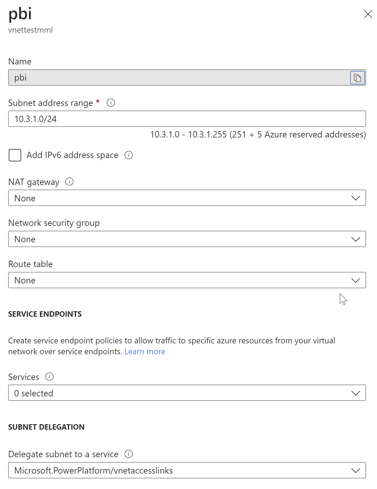 Creating a new subnet on a VNet in Azure. The subnet delegation is set to  Microsoft.PowerPlatform/vnetaccesslinks.