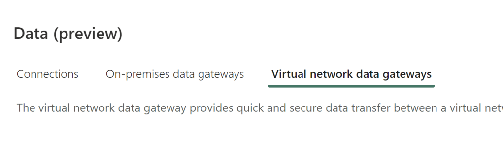 The Power BI Manage Connections and Gateways page with Virtual network data gateways selected