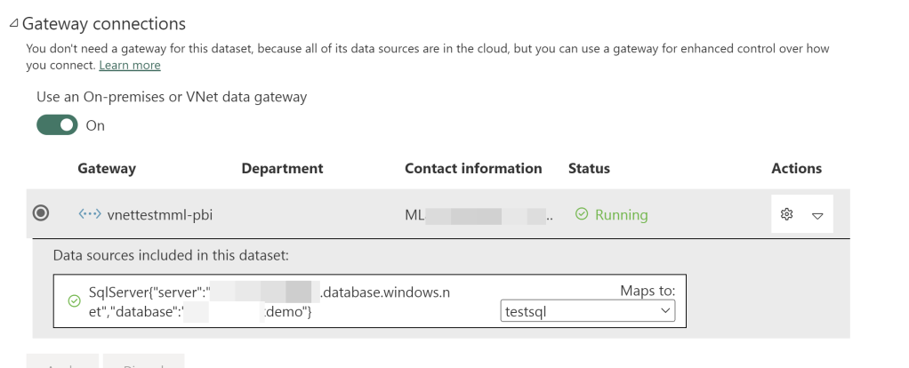 Gateway connections on the dataset settings page in Power BI. The Maps To setting is set to the connection created in the previous step.