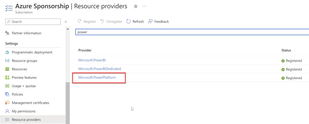 The subscription page in the Azure Portal showing Resource Providers. The Microsoft.PowerPlatform resource is registered. 