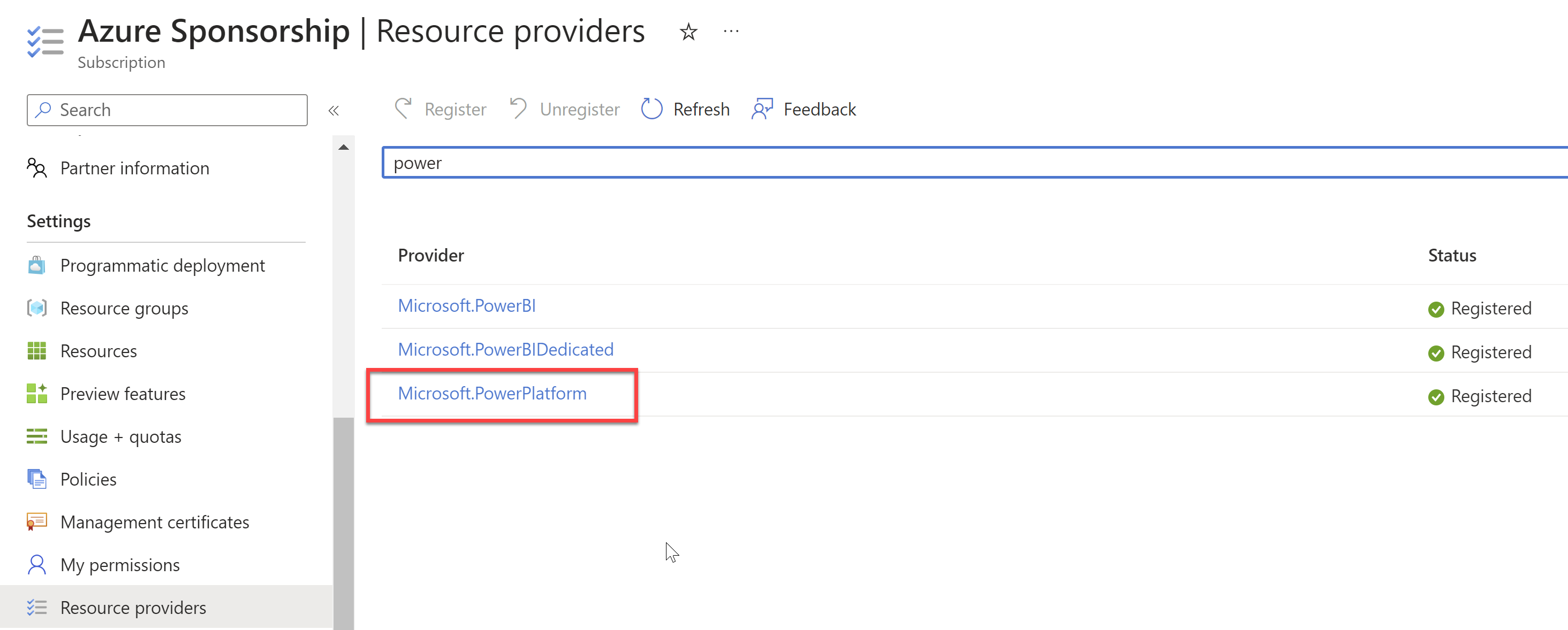 The subscription page in the Azure Portal showing Resource Providers. The Microsoft.PowerPlatform resource is registered.