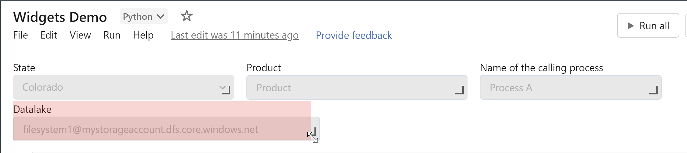 Changing the width and order of widgets in a Databricks notebook. The selected widget shows up with a pink highlight.