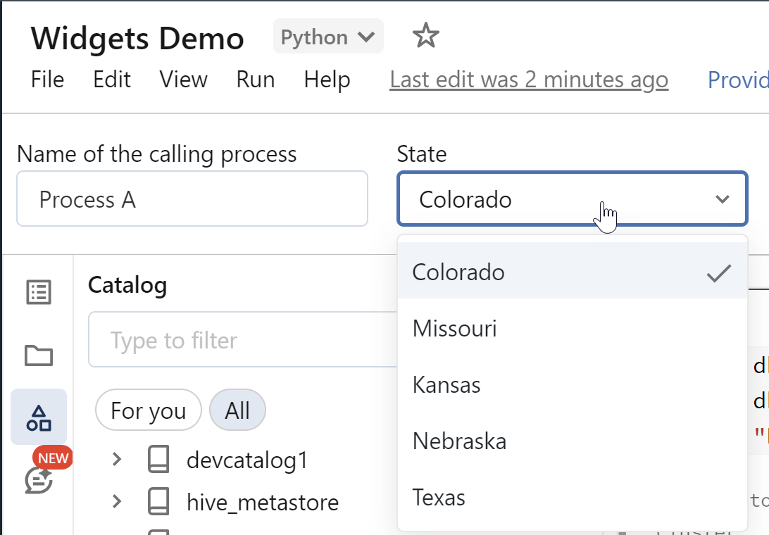 Databricks notebook with two widgets at the top. One is a textbox with the label "Name of the calling process". The other is a dropdown box named "State" with 5 values and a default value set.