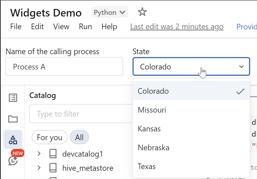 Databricks notebook with two widgets at the top. One is a textbox with the label "Name of the calling process". The other is a dropdown box named "State" with 5 values and a default value set. 