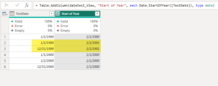 A table in the Power Query Editor showing that it calculated the start of year for 2 Jan 1990 as 1 Jan 1991.