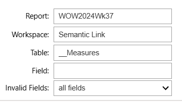 the notebook widgets allow input for report, workspace, table, field, and invalid fields. The selection shows a report, workspace, and table entered. The field widget is blank, and invalid fields is set to all fields. 