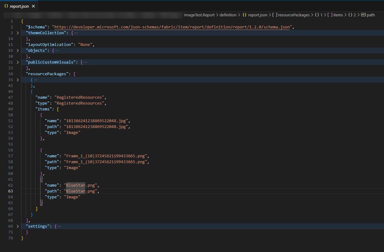 Screenshot of the report.json folder showing the references to the 3 images from the RegisteredResources folder.