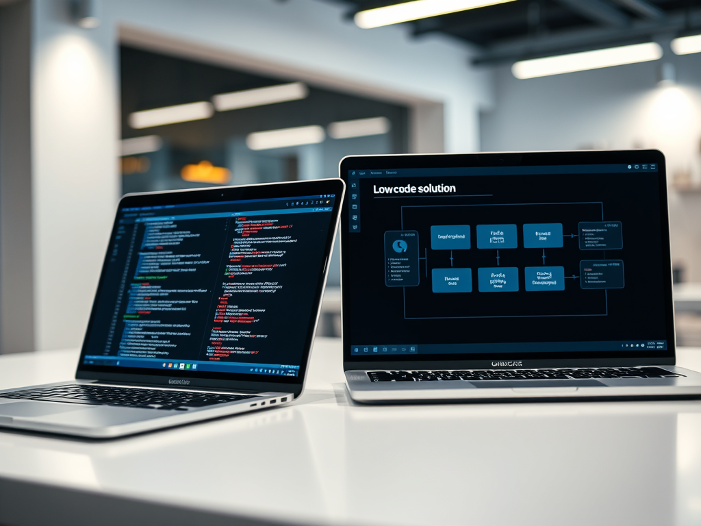 Two laptops are shown. One has several lines of code while the other shows boxes and lines in a low-code solution