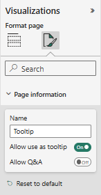 Power BI page formatting options showing the Page information section containing the page name and the "allow use as tooltip" setting.