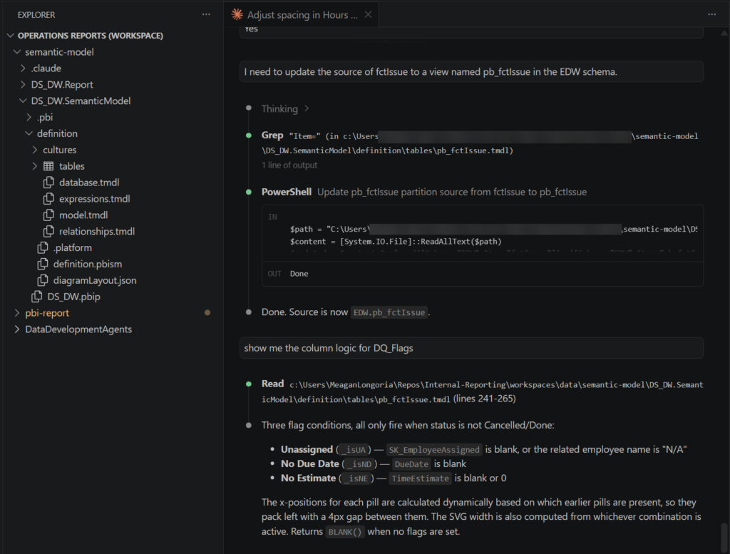 A screenshot of a dark-themed VS Code interface showing Claude Code running in a workspace. The left sidebar displays a Power BI project file structure (.pbip and .tmdl files). The main Claude Code pane shows a terminal-like conversation history where Claude has executed Grep and PowerShell tasks to update a semantic model table and is explaining the column logic for a data quality flag field