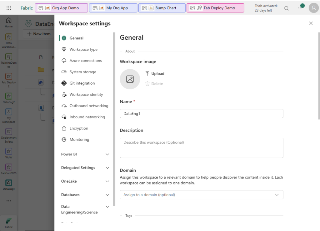 The Fabric Workspace settings pane for a workspace named DataEng1. The left menu lists General, Workspace type, Azure connections, System storage, Git integration, Workspace identity, Outbound networking, Inbound networking, Encryption, and Monitoring, followed by collapsible sections for Power BI, Delegated Settings, OneLake, Databases, and Data Engineering/Science. The General page is open, showing the workspace image, name, description, and a Domain dropdown noting that each workspace can be assigned to one domain.